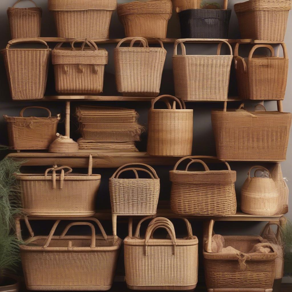 Various Square Wicker Baskets Showcasing Different Weaves and Sizes