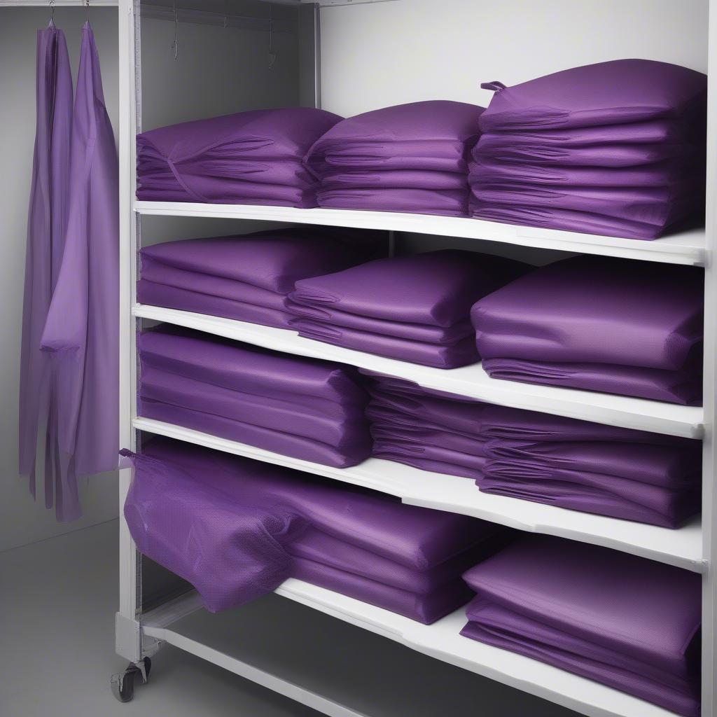 Stack of Folded Purple Non-Woven Garment Bags