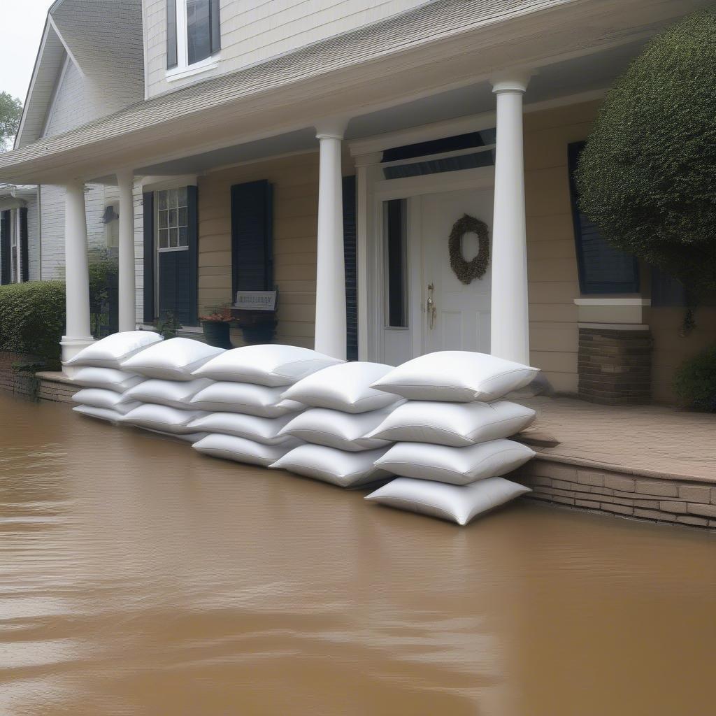 Stacked sandbags protecting a home from flooding