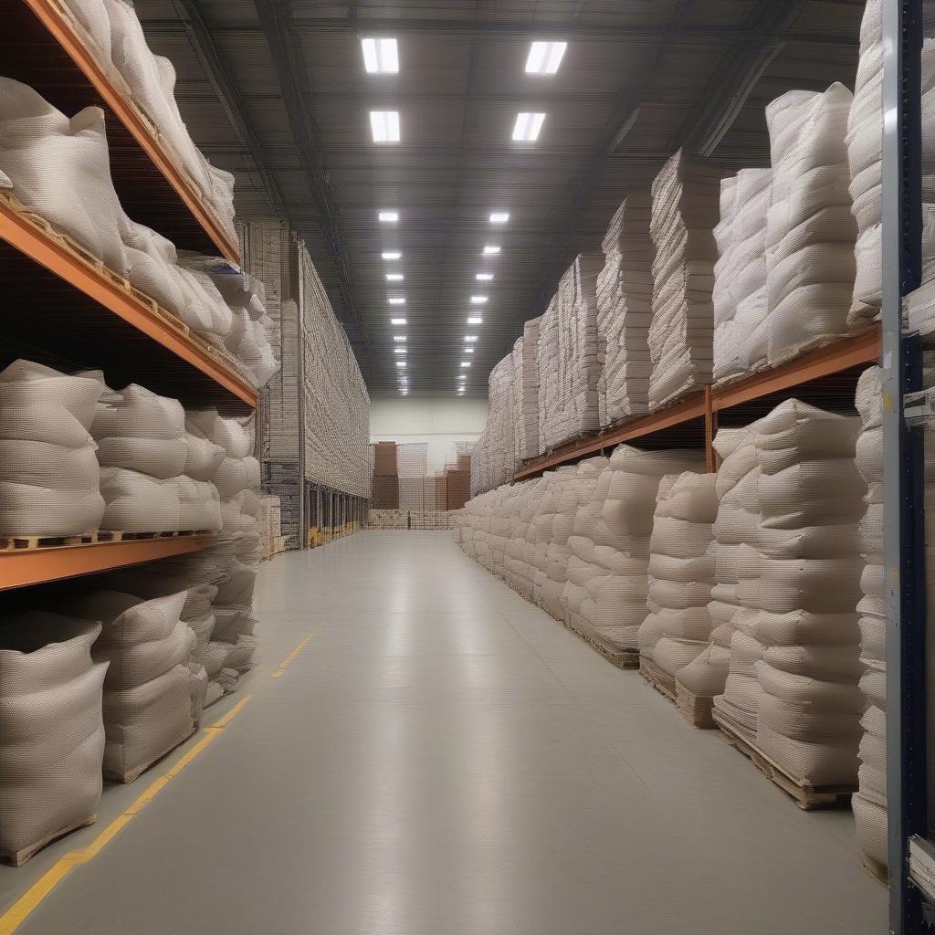 Stacking PP woven bags in a warehouse