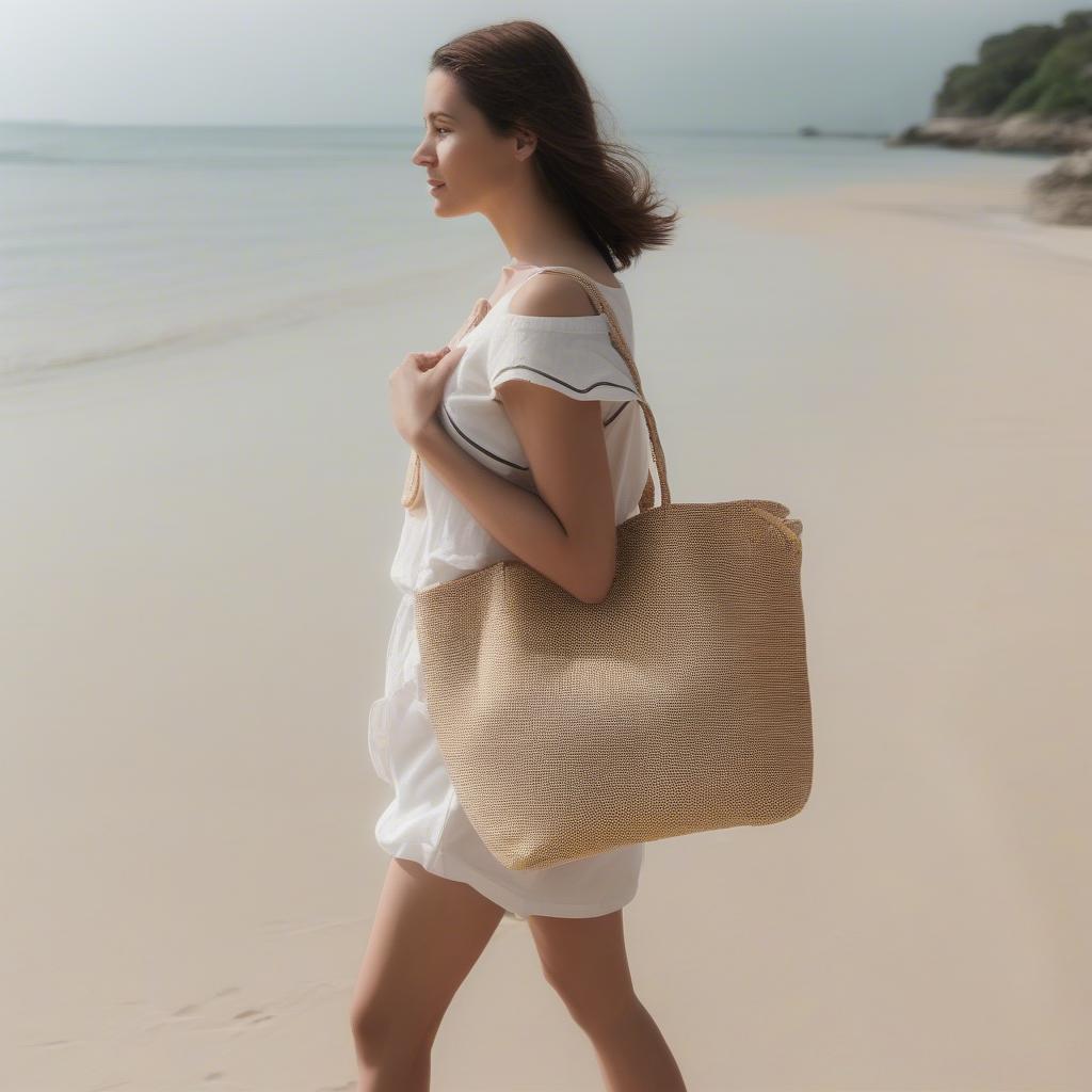 A woman carrying a Stella Bianca woven bag on a sunny beach, showcasing its versatility and summer style.