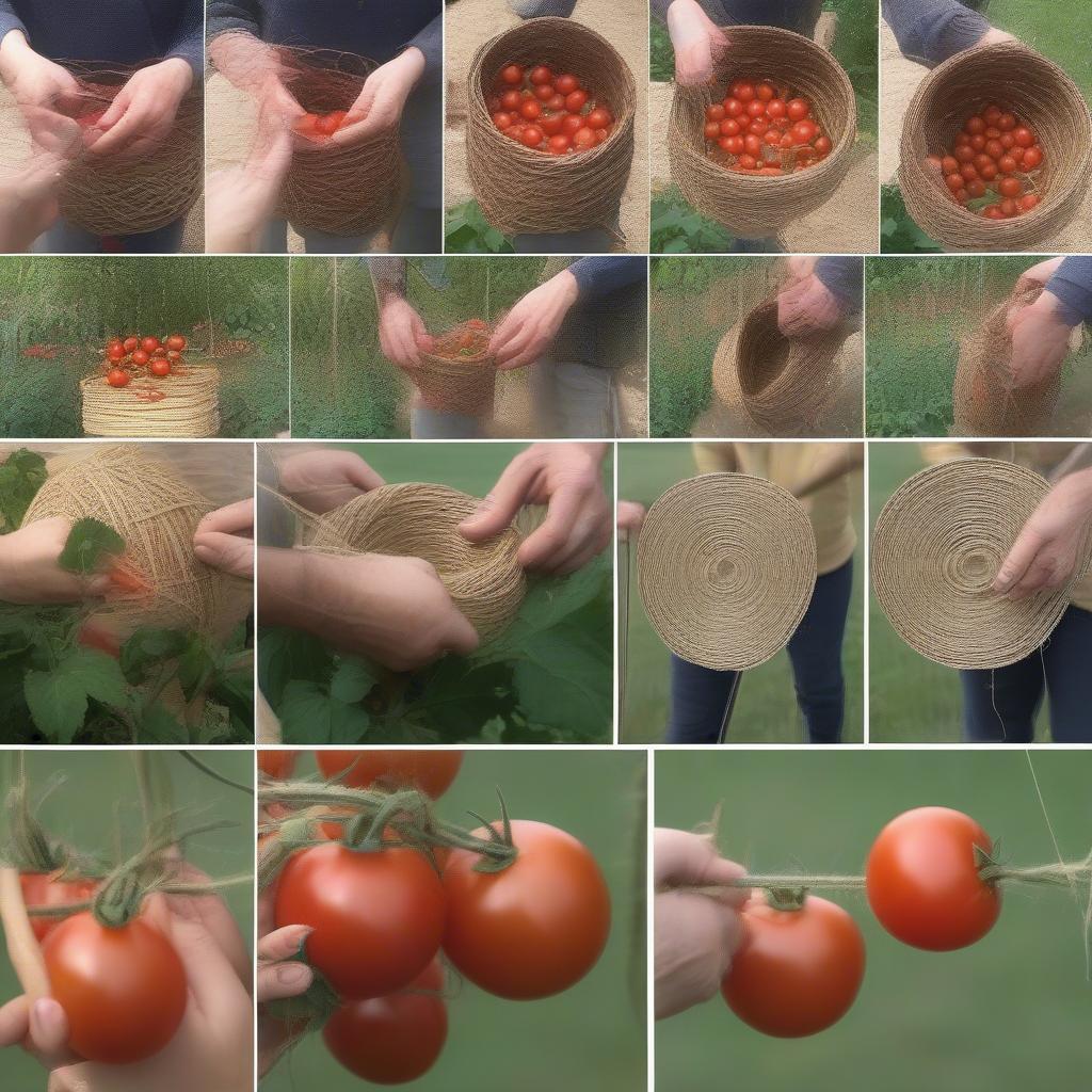 Step by step guide to basket weaving tomatoes, showcasing materials and weaving technique for plant support.