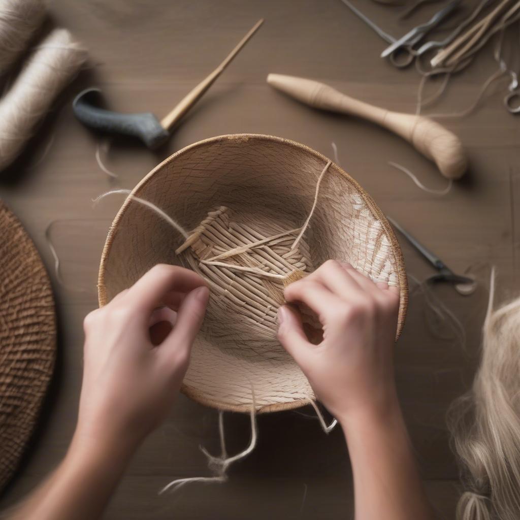 A step-by-step guide to basket weaving using a kit, showcasing the weaving process.