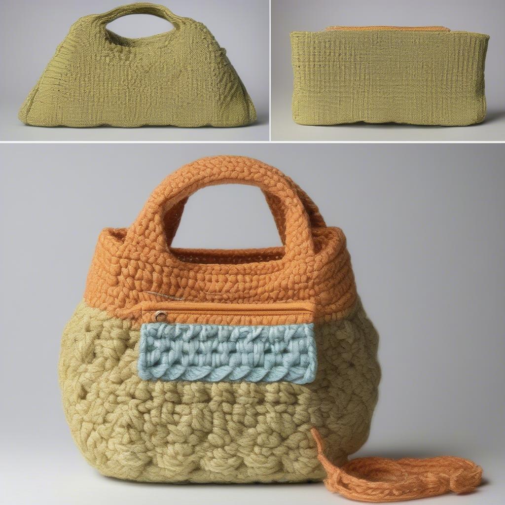 A collage showing different stages of crocheting a basket weave purse, from gathering materials to the finished product.