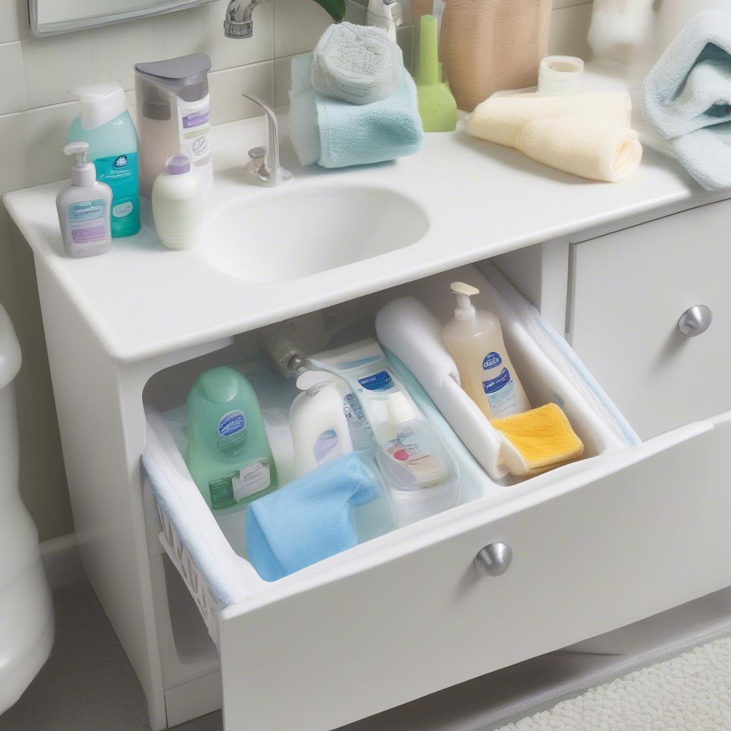 Sterilite baskets used for storage in a bathroom