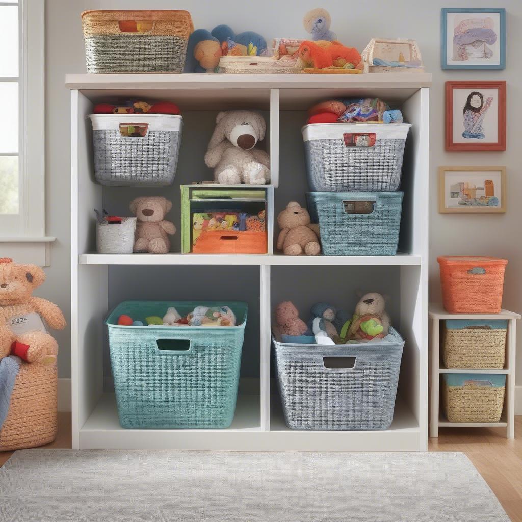 Sterilite baskets used to organize toys in a child's room