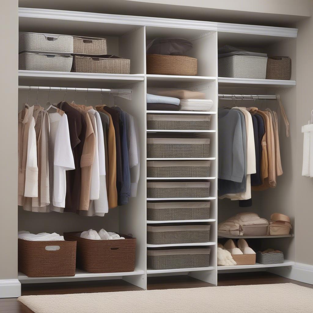 Sterilite Brown Weave Baskets in an Organized Closet