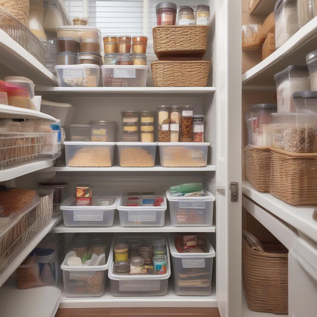 Sterilite weave baskets in a pantry for organized storage