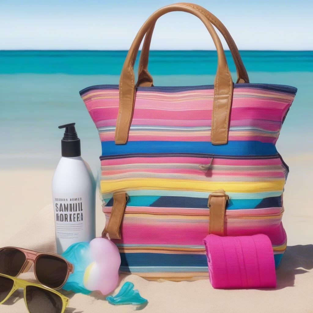 Steve Madden Pink Yellow Blue Woven Pool Bag Filled with Beach Essentials