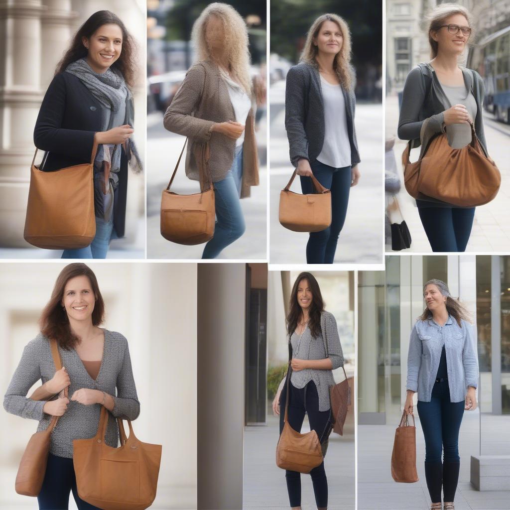 Woman using the Stichwell Wave Weave Convertible Hobo Bag in different settings.