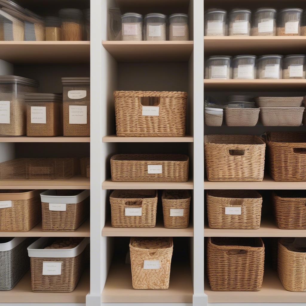 Storage weave baskets organizing dry goods in a pantry.