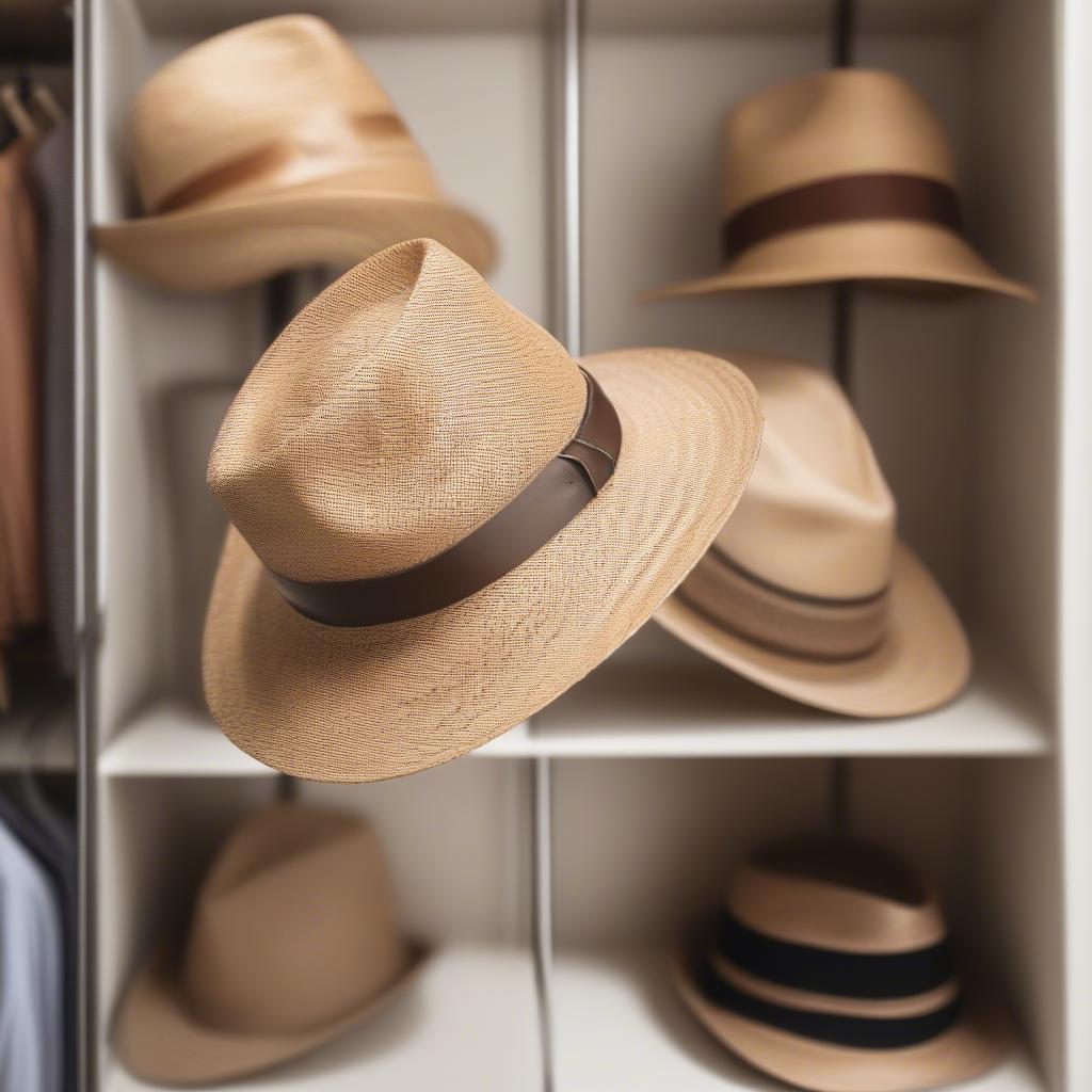 Proper storage techniques for open weave straw trilby hats to maintain their shape and prevent damage.