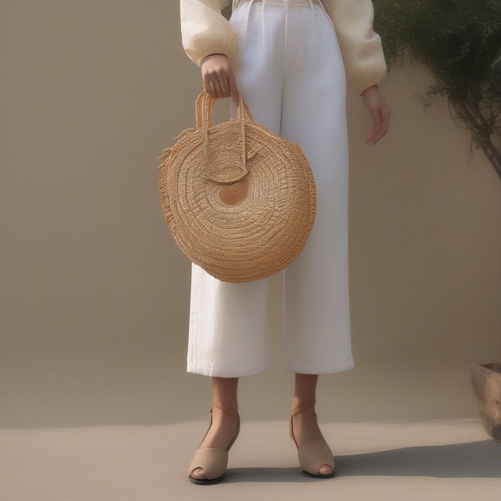 A woman holding a straw woven bag, showcasing its timeless appeal.