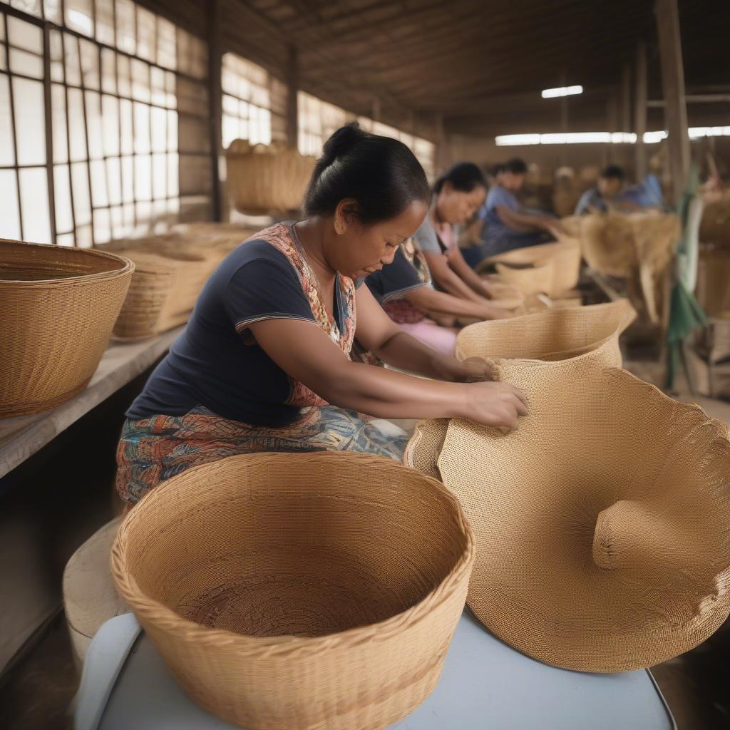 Straw woven basket bag factory production line showing artisans weaving bags