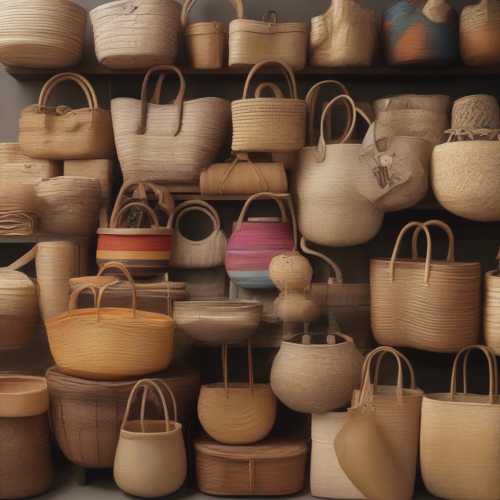 Different styles and designs of straw woven basket bags