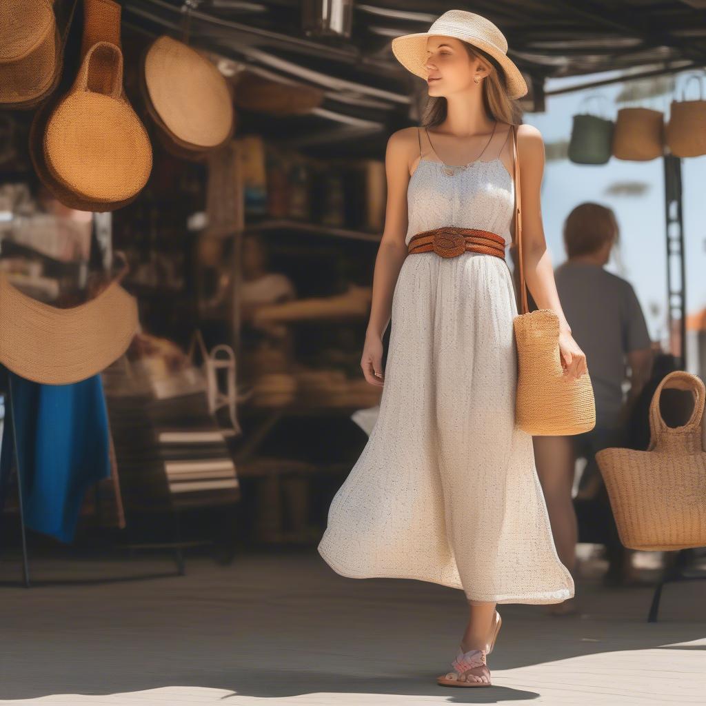 Woman wearing a straw woven waist bag