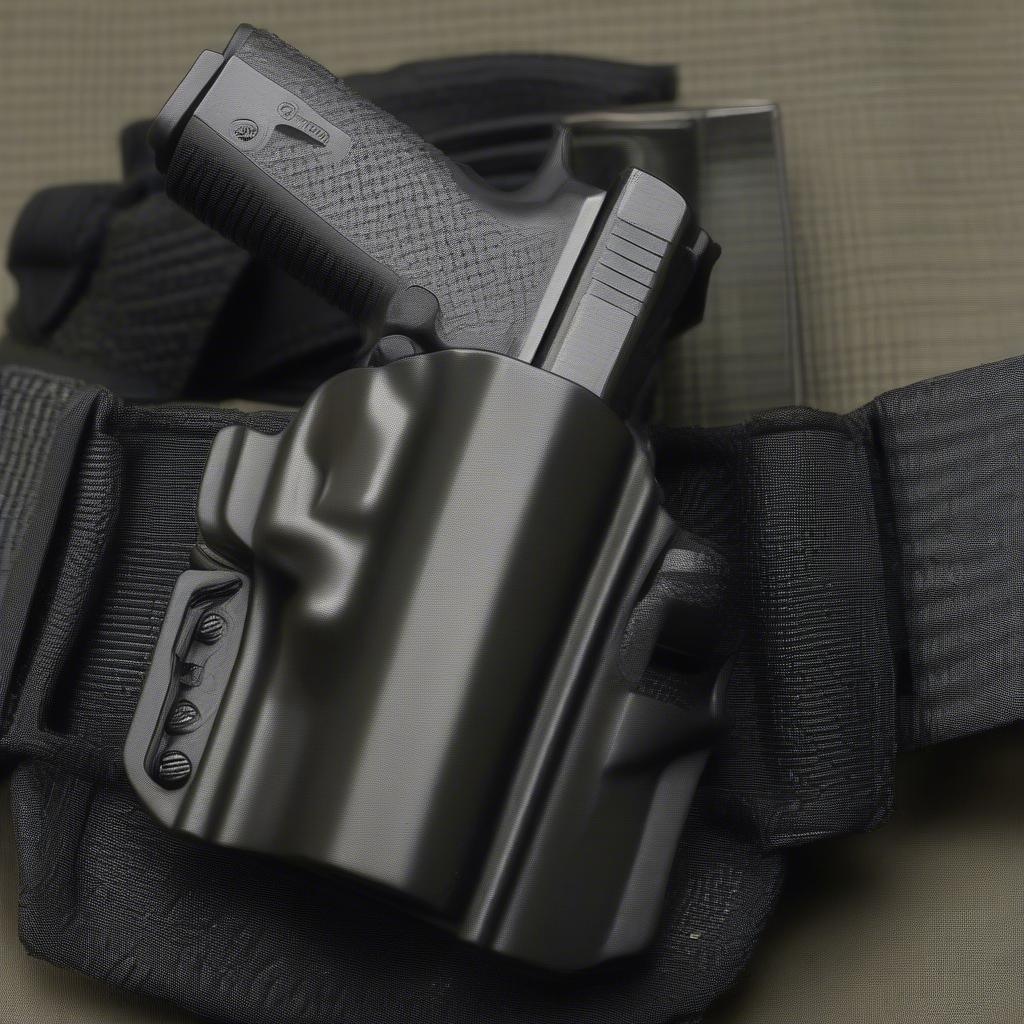 A person wearing a Streamlight ProTac 2AA in a basket weave holster attached to their belt.