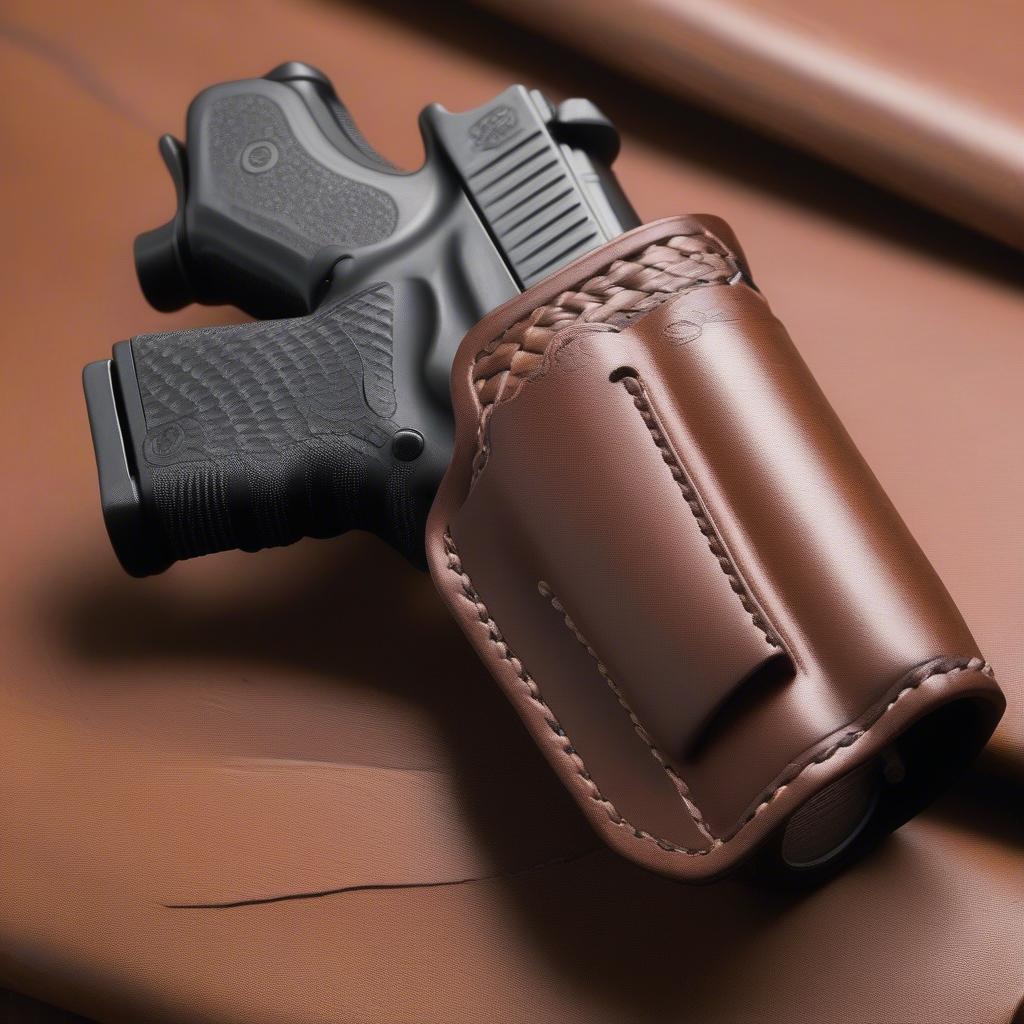 Streamlight ProTac 2AA flashlight securely nestled in a brown leather basket weave holster.