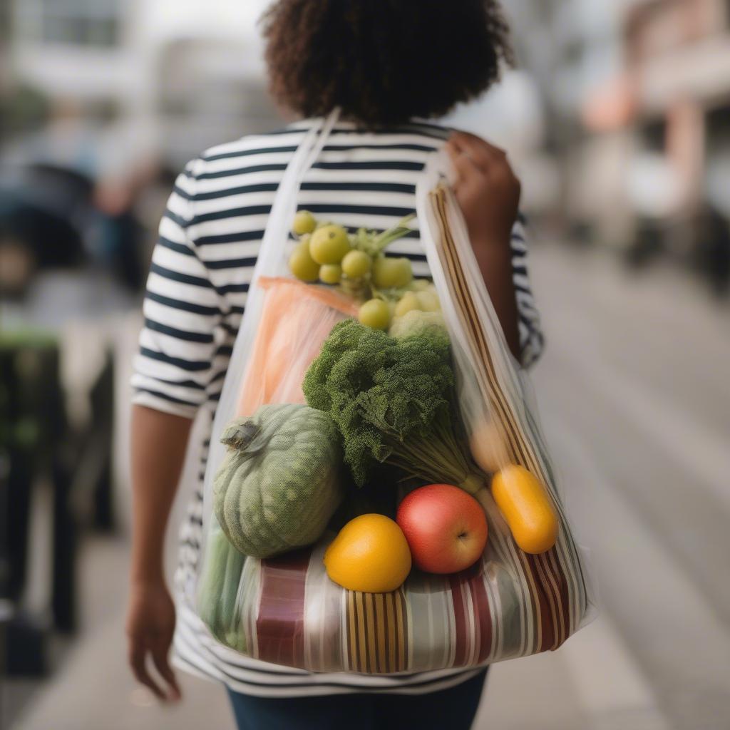 Grocery Shopping with a Striped Woven Plastic Bag