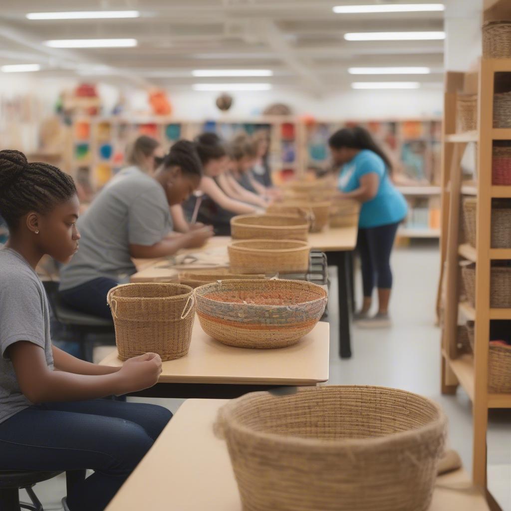 Student learning basket weaving techniques at a local craft center