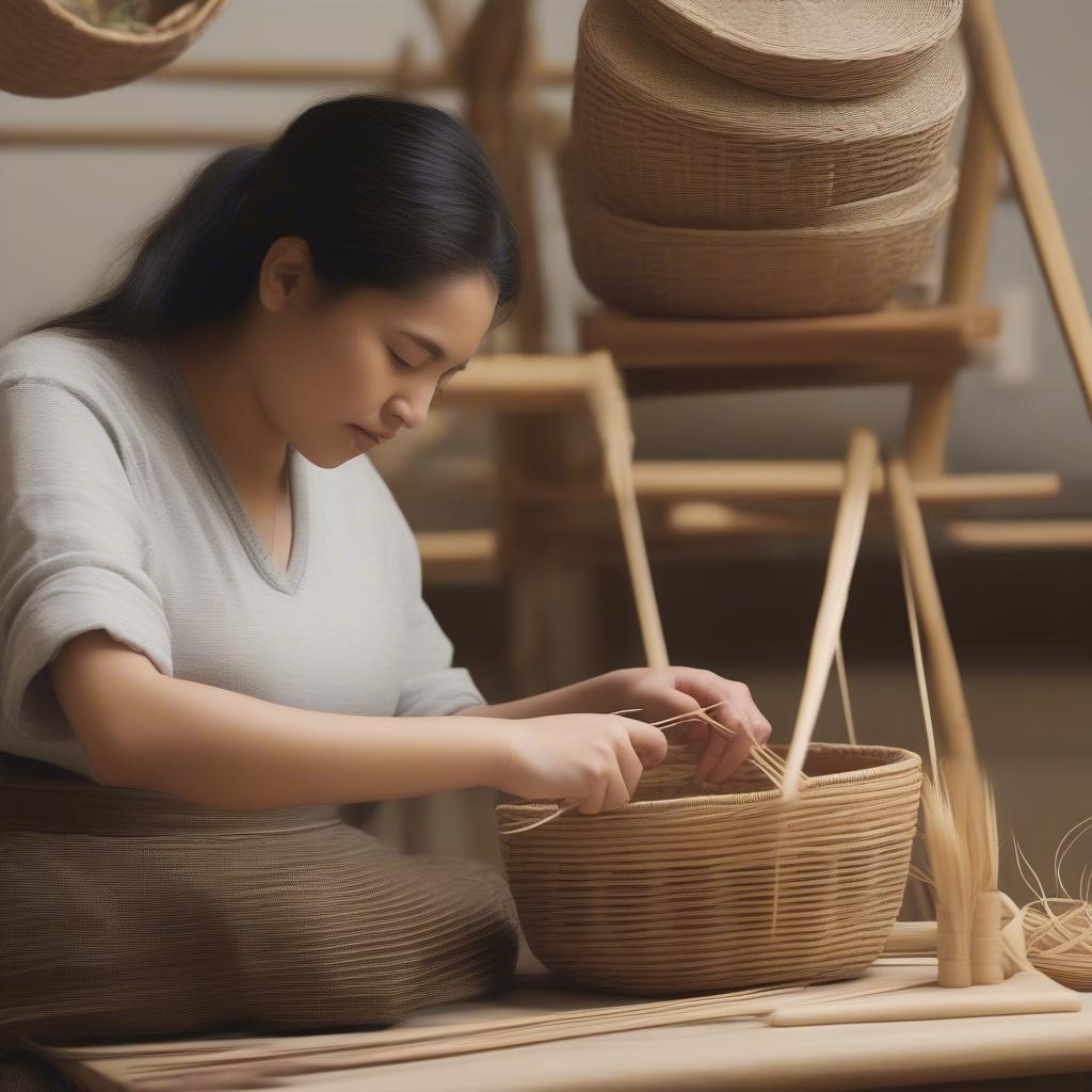 A student diligently weaving a basket under the guidance of their instructor.