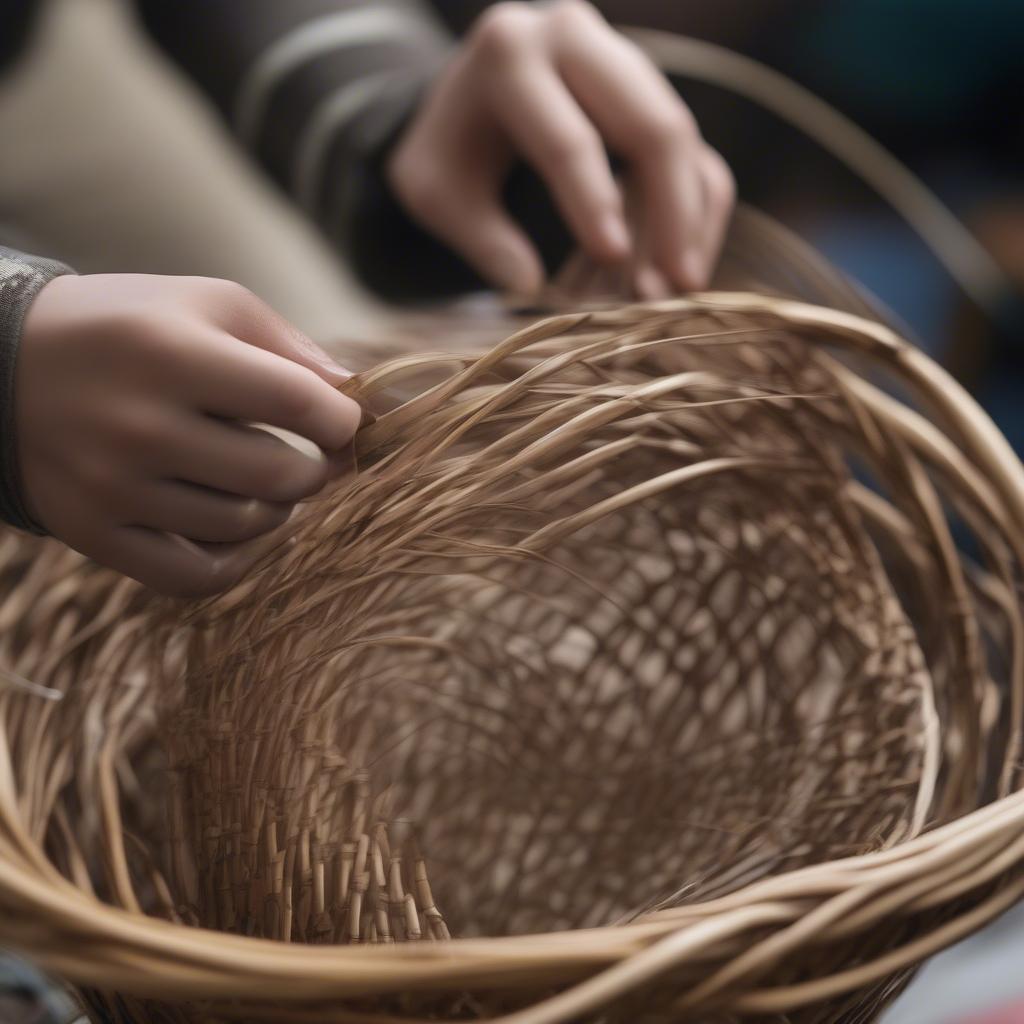 Student Weaving a Willow Basket