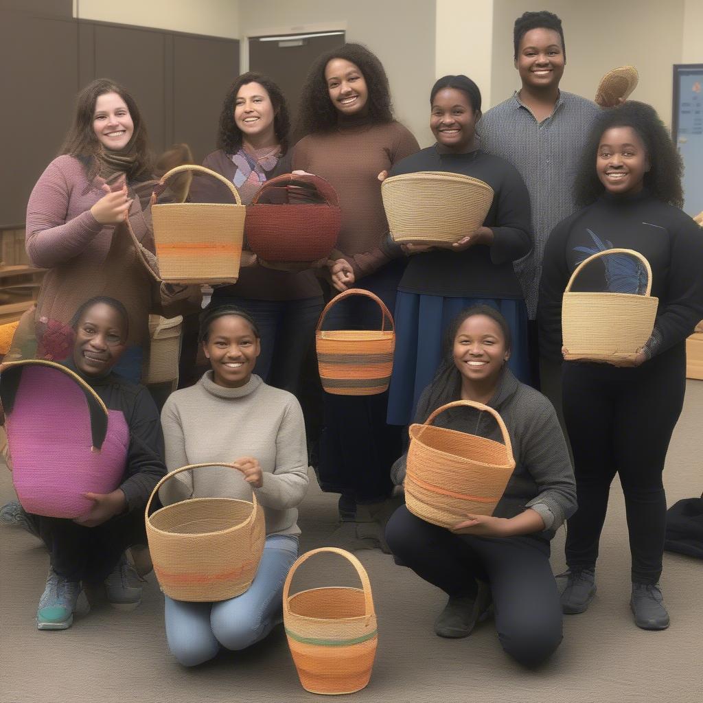 Students proudly displaying their completed woven baskets, showcasing a variety of designs and techniques.