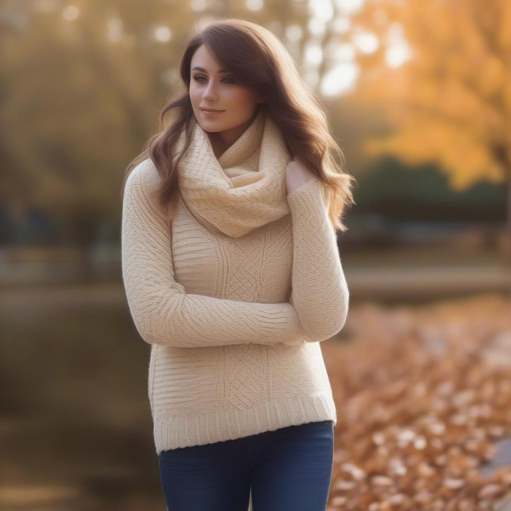 A woman wearing a basket weave sweater with jeans and boots