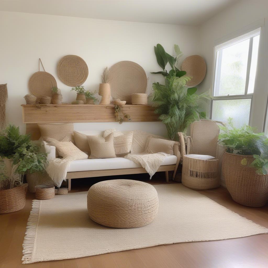 A bleached ivory jute rug styled in a bohemian living room with various textures and plants.