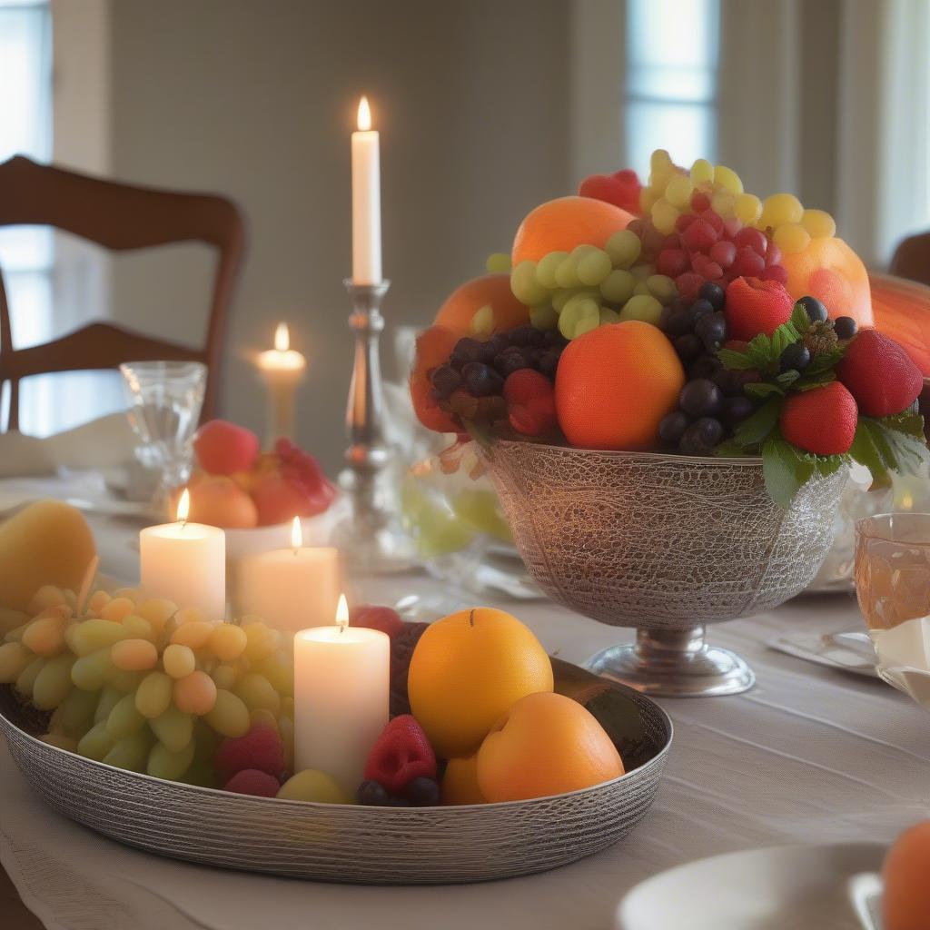 A vintage silver metal weave serving basket tray styled as a centerpiece on a dining table, holding fresh fruit and surrounded by candles.