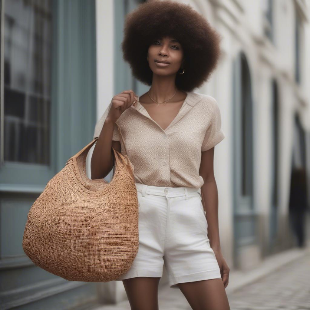 Woman carrying a woven bag with a stylish outfit