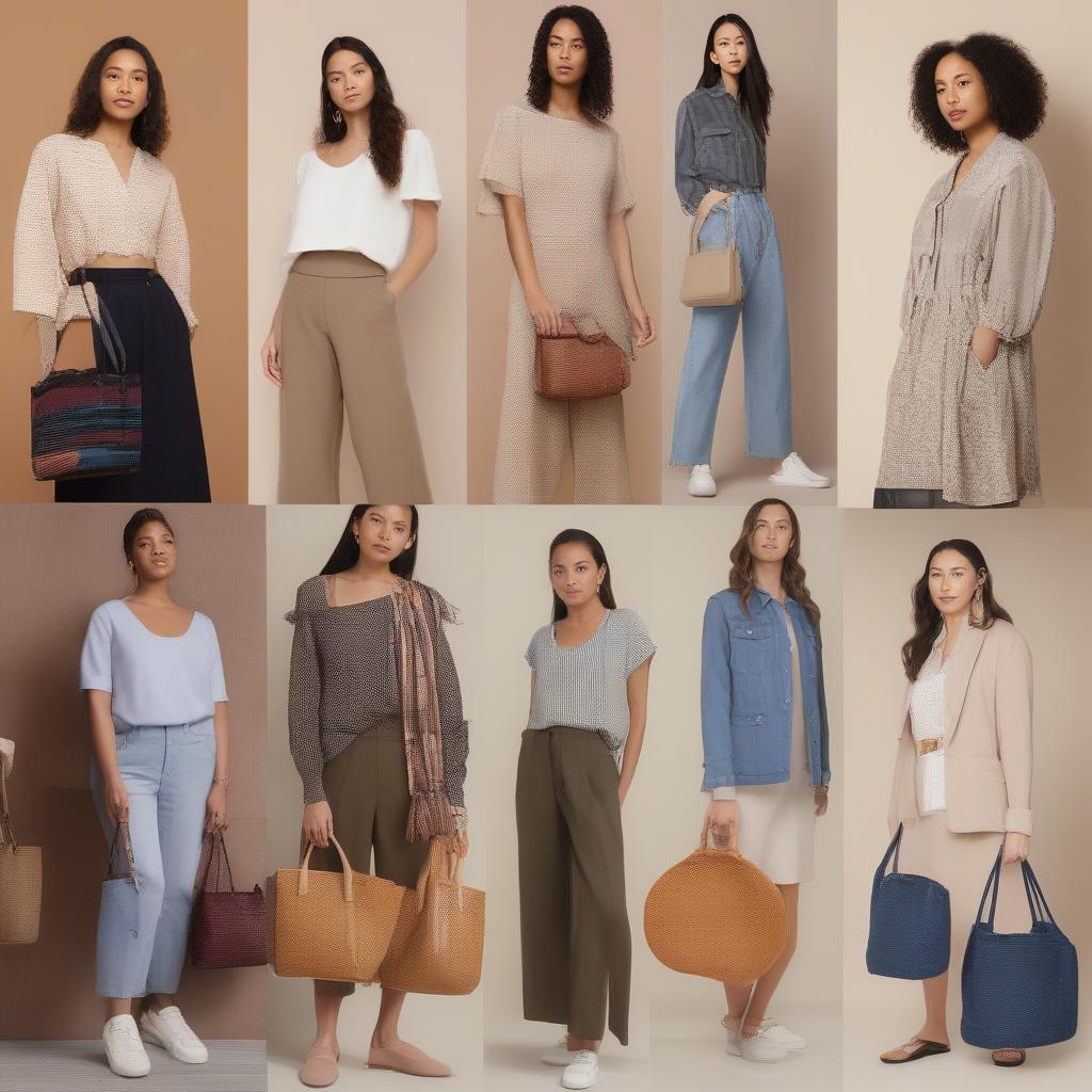 Different outfit ideas featuring stylish woven strap tote bags.