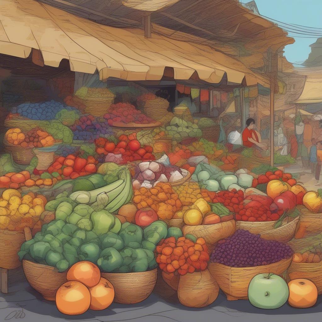 Stylized weaved basket cartoon at a market stall