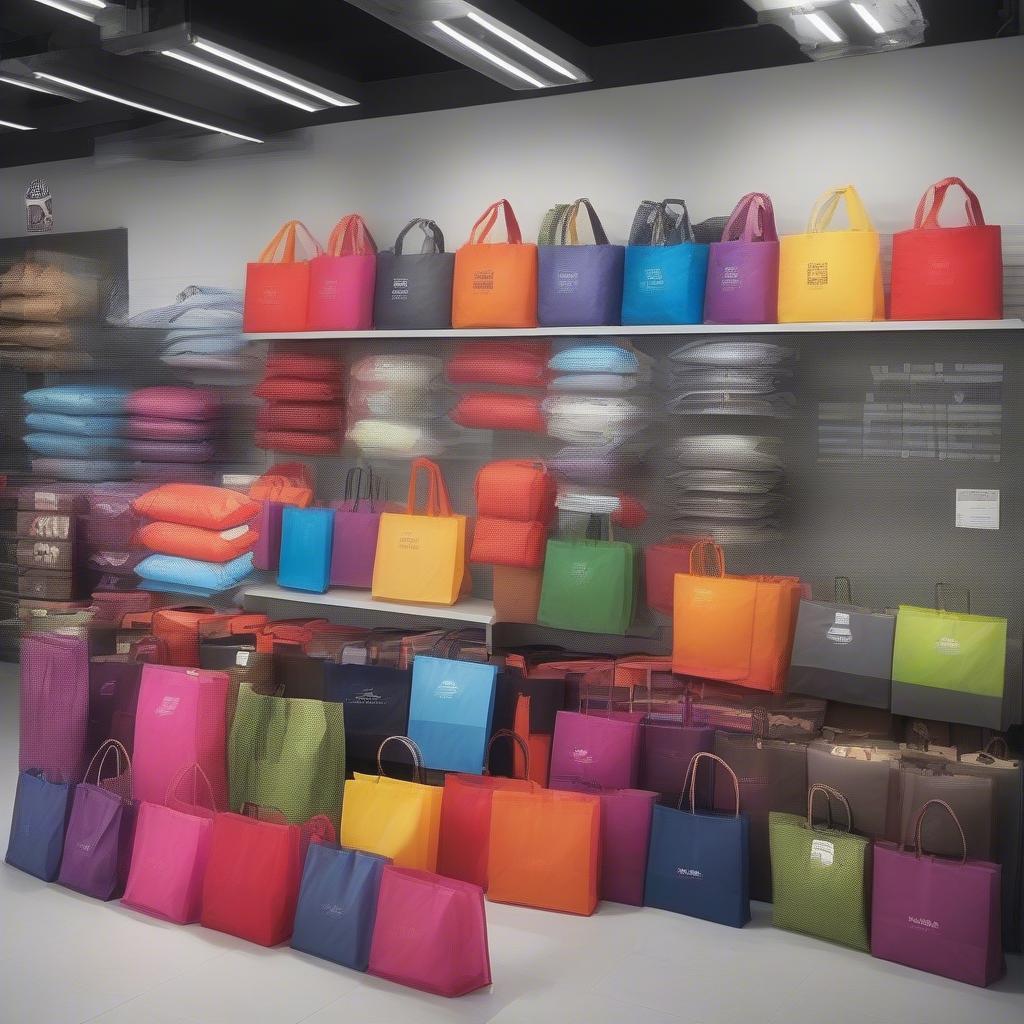 Image showcasing a successful non-woven bag business with a display of diverse bag styles and sizes.