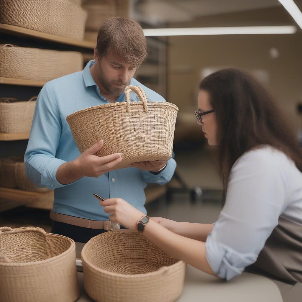 Business owner meeting with a woven basket tote bag supplier to discuss designs and samples