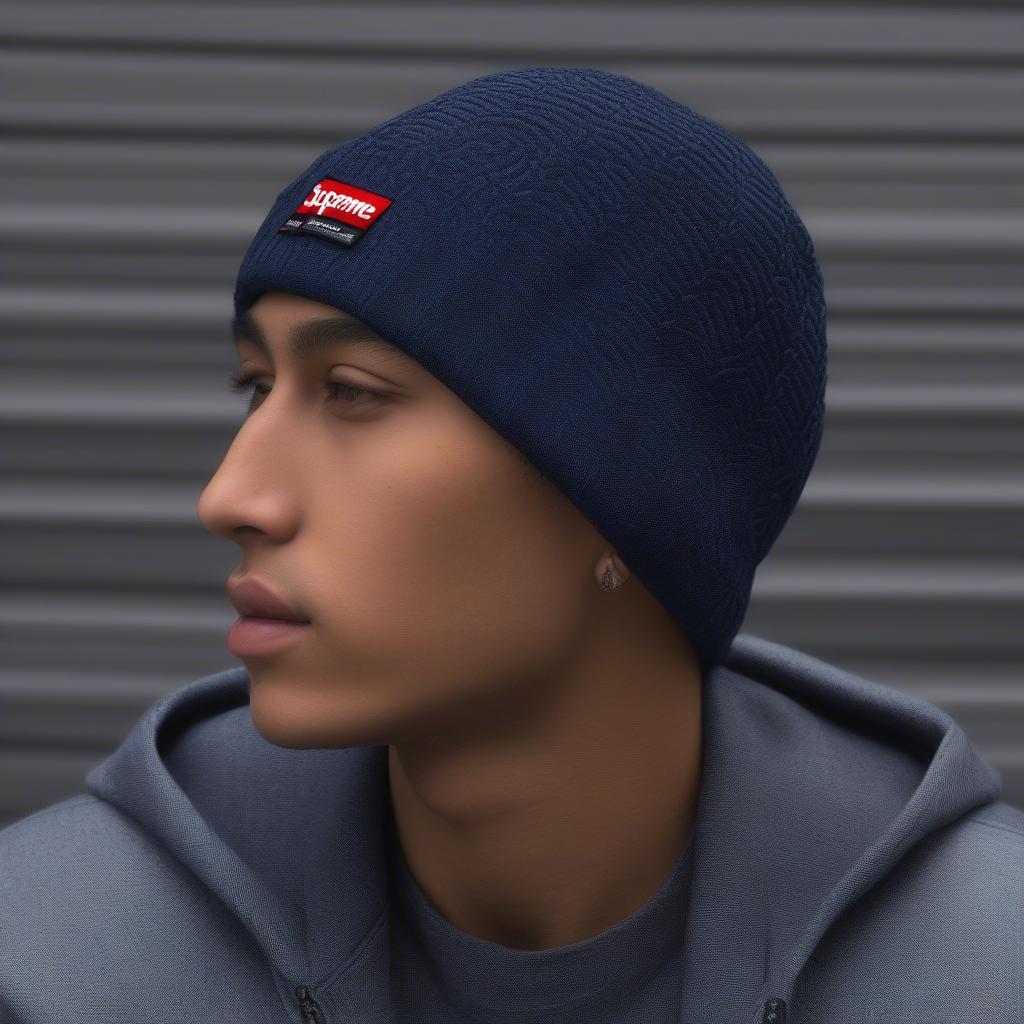 Supreme Basket Weave Beanie Navy Close Up