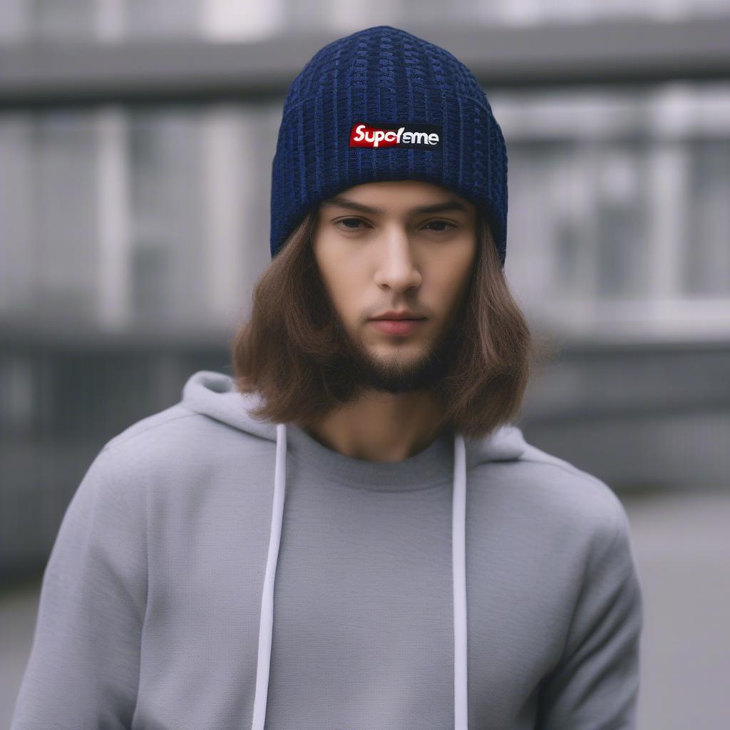 Supreme Basket Weave Beanie Navy Street Style