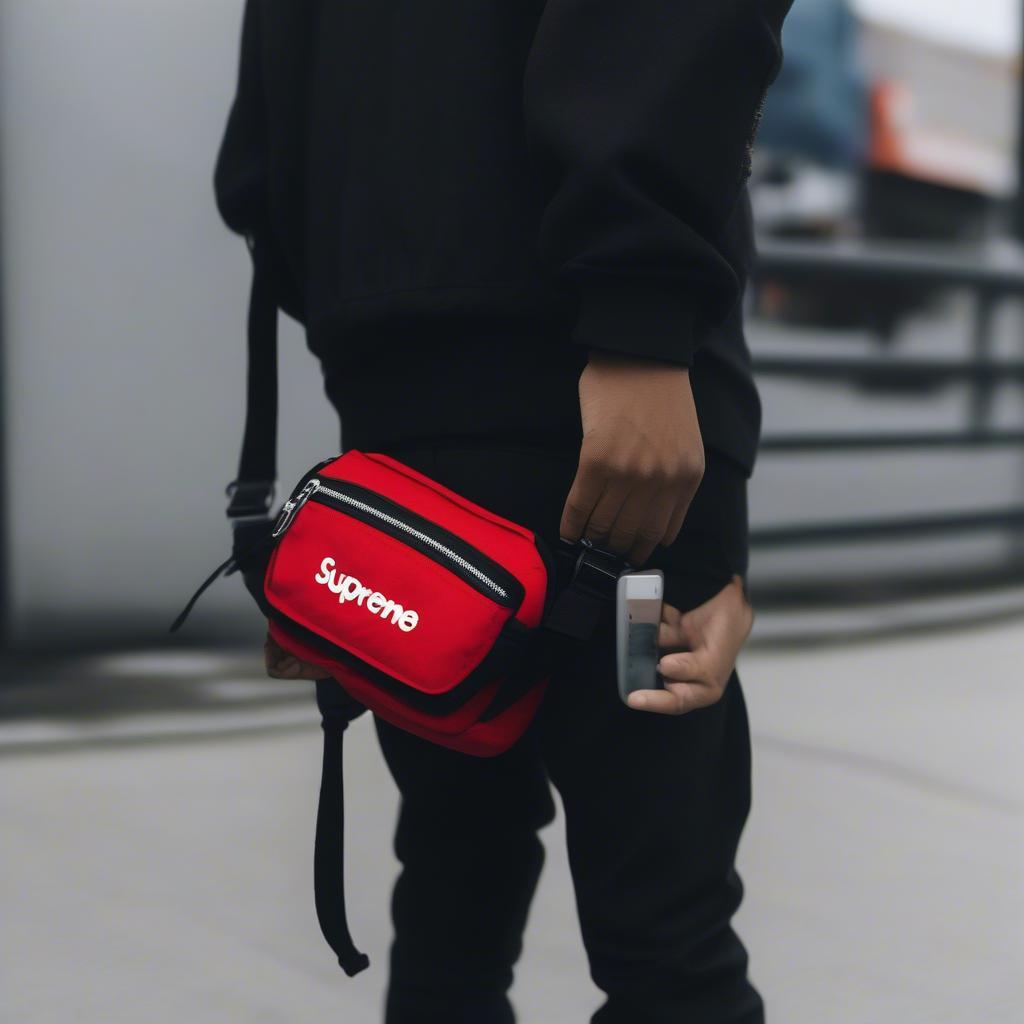 Someone wearing the Supreme Woven Stripe Waist Bag in Black with a streetwear outfit.