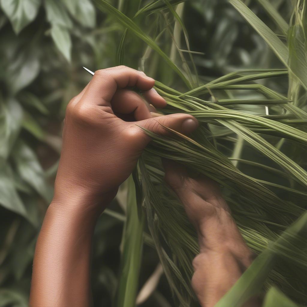 Sustainable harvesting of rattan in a jungle environment.