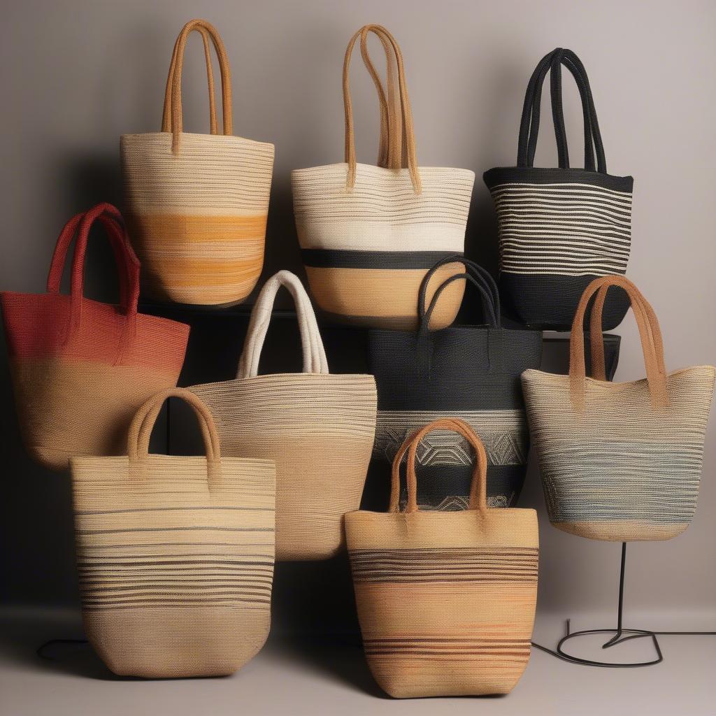 A variety of Swahili African sisal tote bags showcasing different sizes, shapes, and designs.