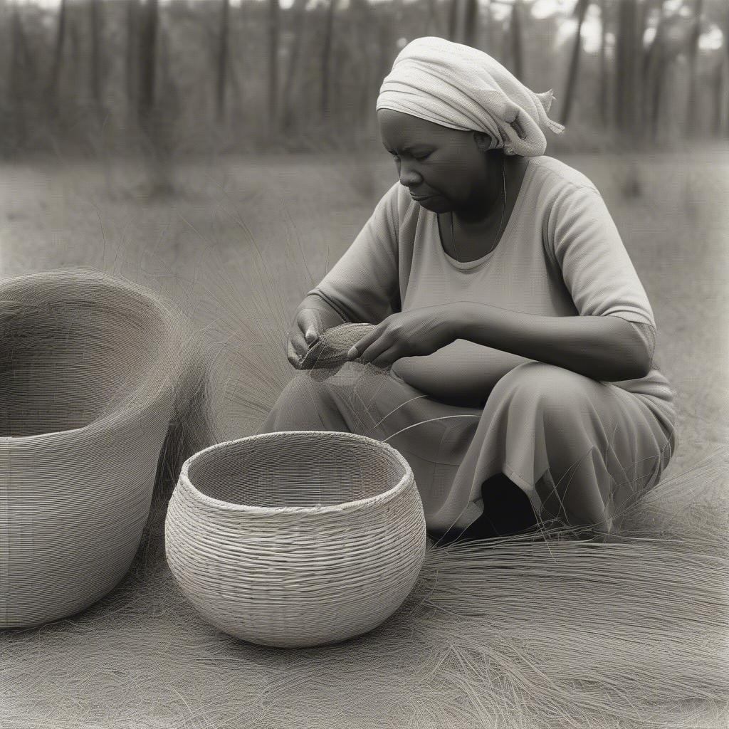 Gullah woman weaving a sweetgrass basket in traditional style