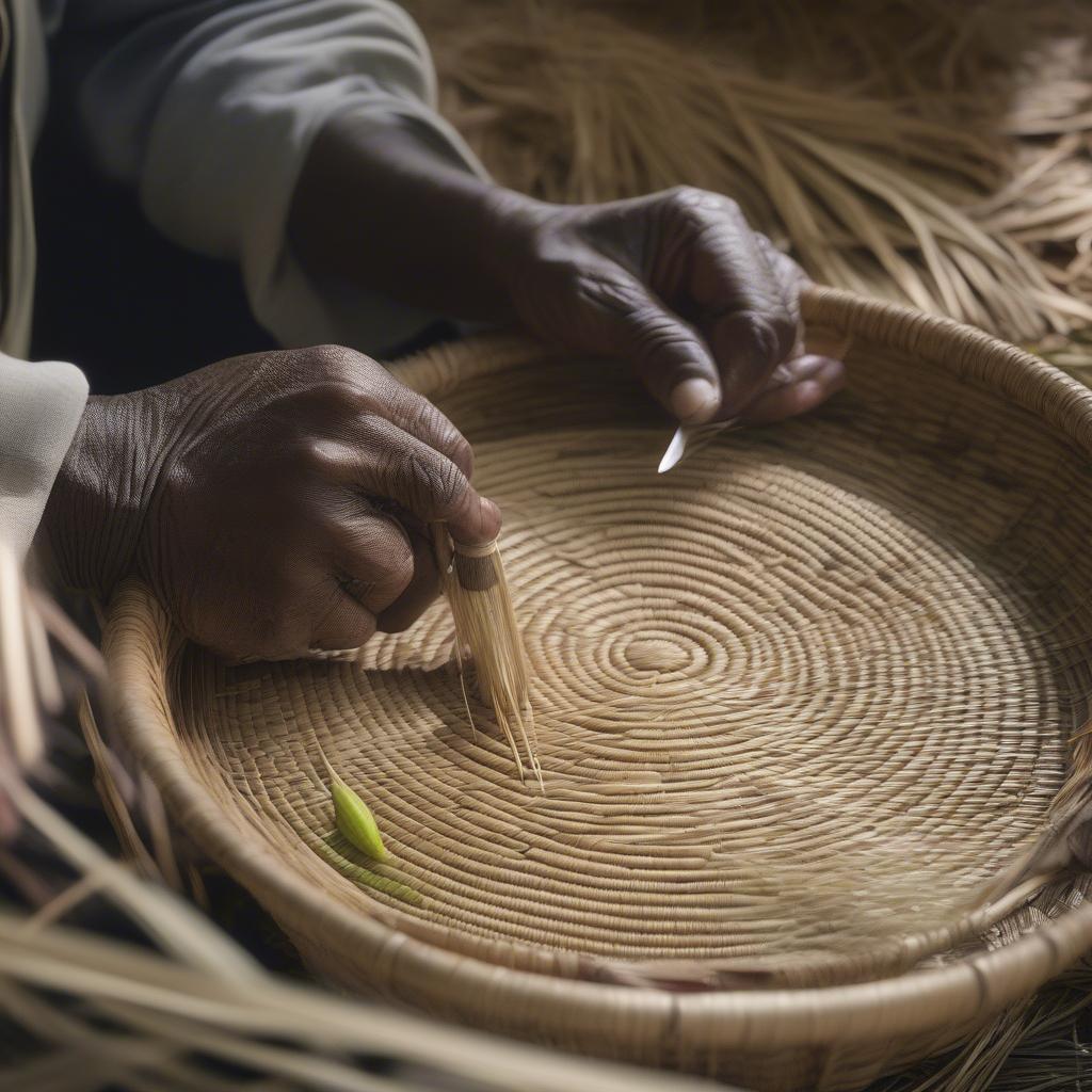 Close-up of sweetgrass and palmetto being woven together, showcasing the intricate details of the Charleston sweetgrass basket weaving process.