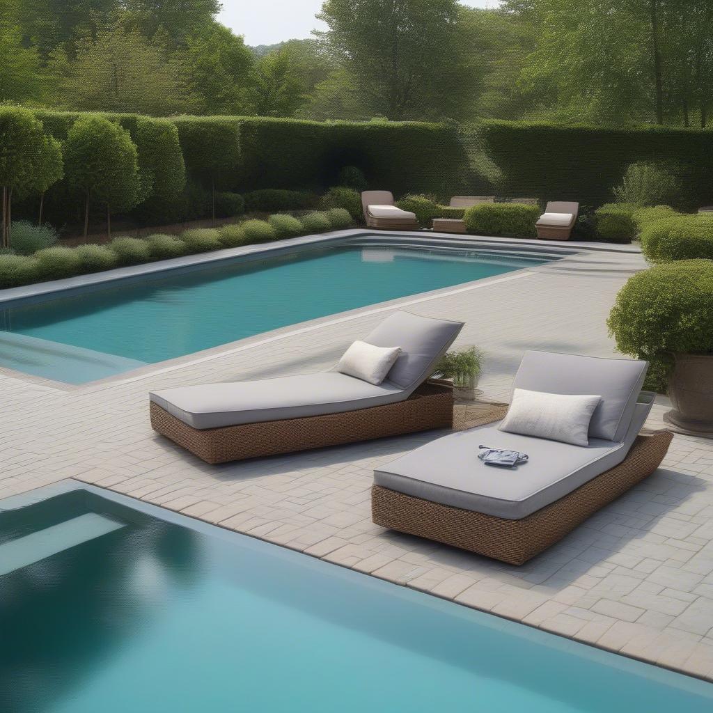 Swimming pool with elegant basket weave paving surround.