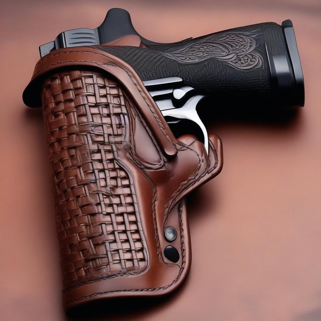 Close-up view of a swivel basket weave holster showing intricate details and high-quality leather.