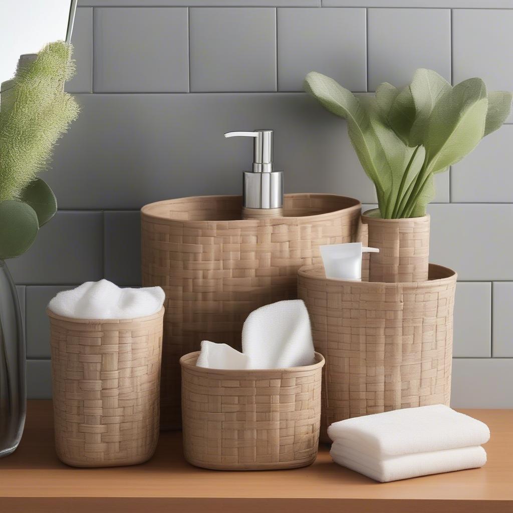 Synthetic basket weave containers suitable for bathroom and kitchen use, showcasing their durability and easy-to-clean features.