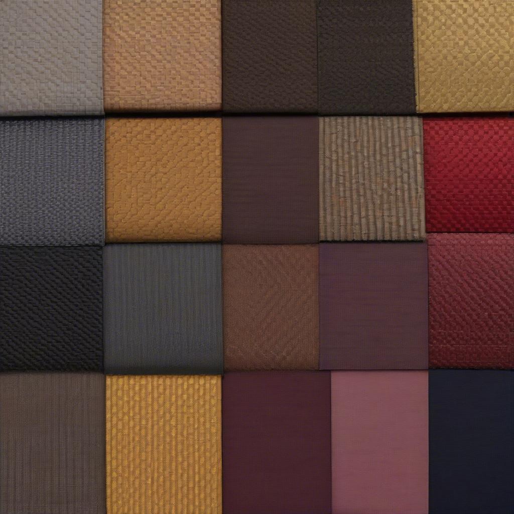 Various samples of synthetic basket weave fabric in different colors and textures