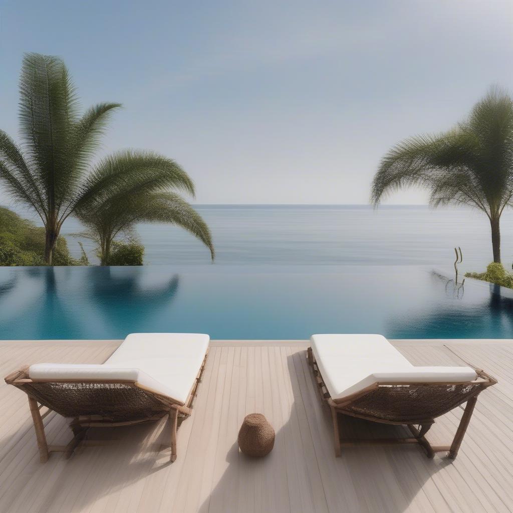 Synthetic rattan roof over an infinity pool overlooking the ocean