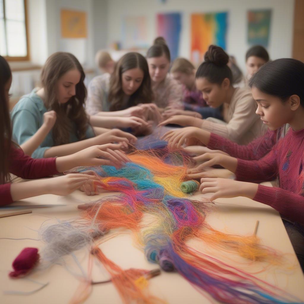 Students learning table weaving in a bright classroom setting