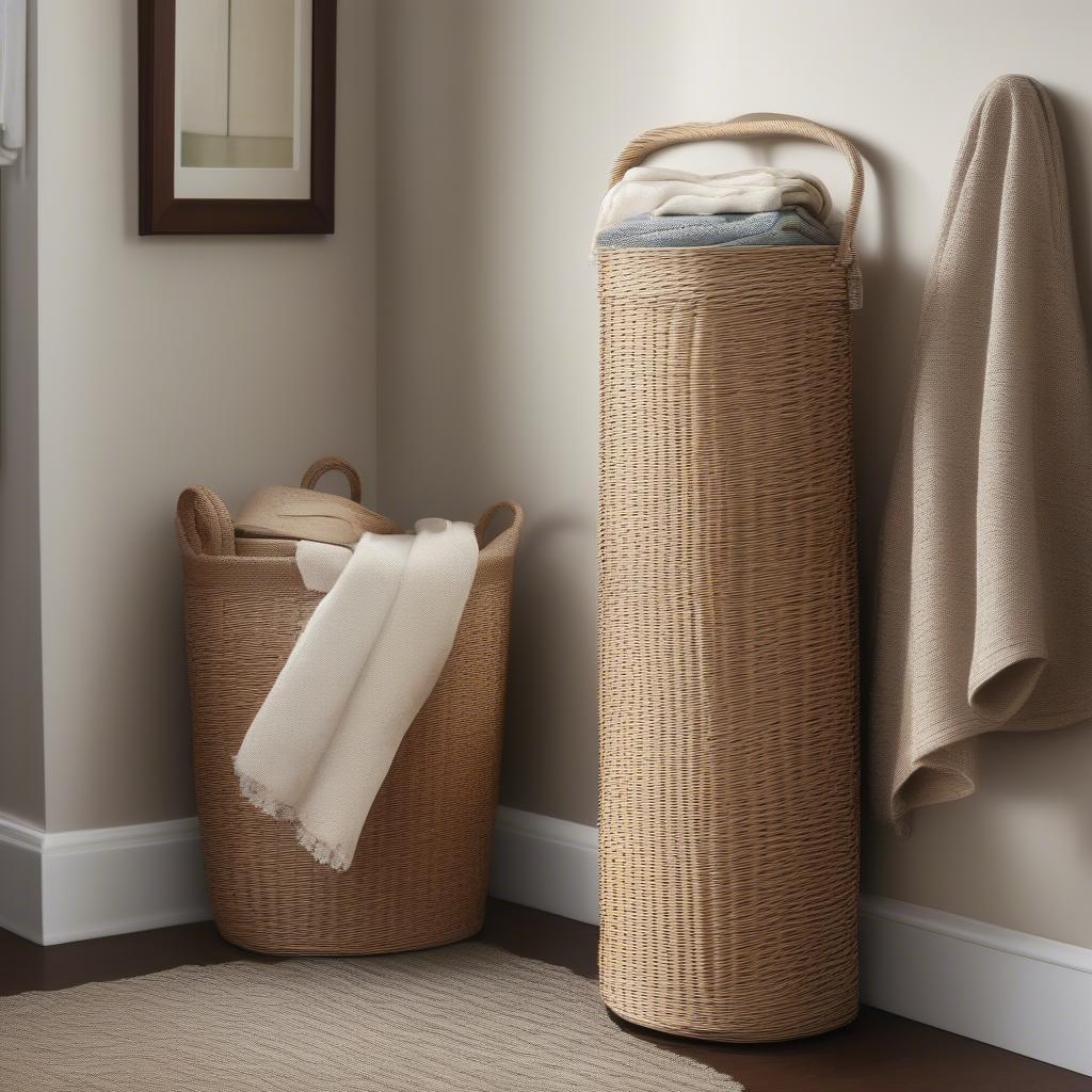 Tall, narrow storage weave baskets for umbrellas and blankets.