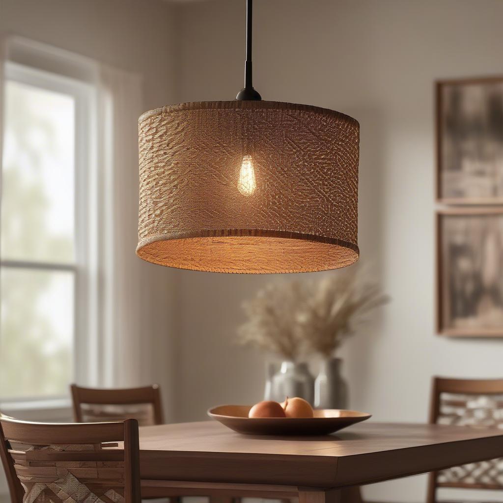 Tan metal basket weave light fixture illuminating a dining room